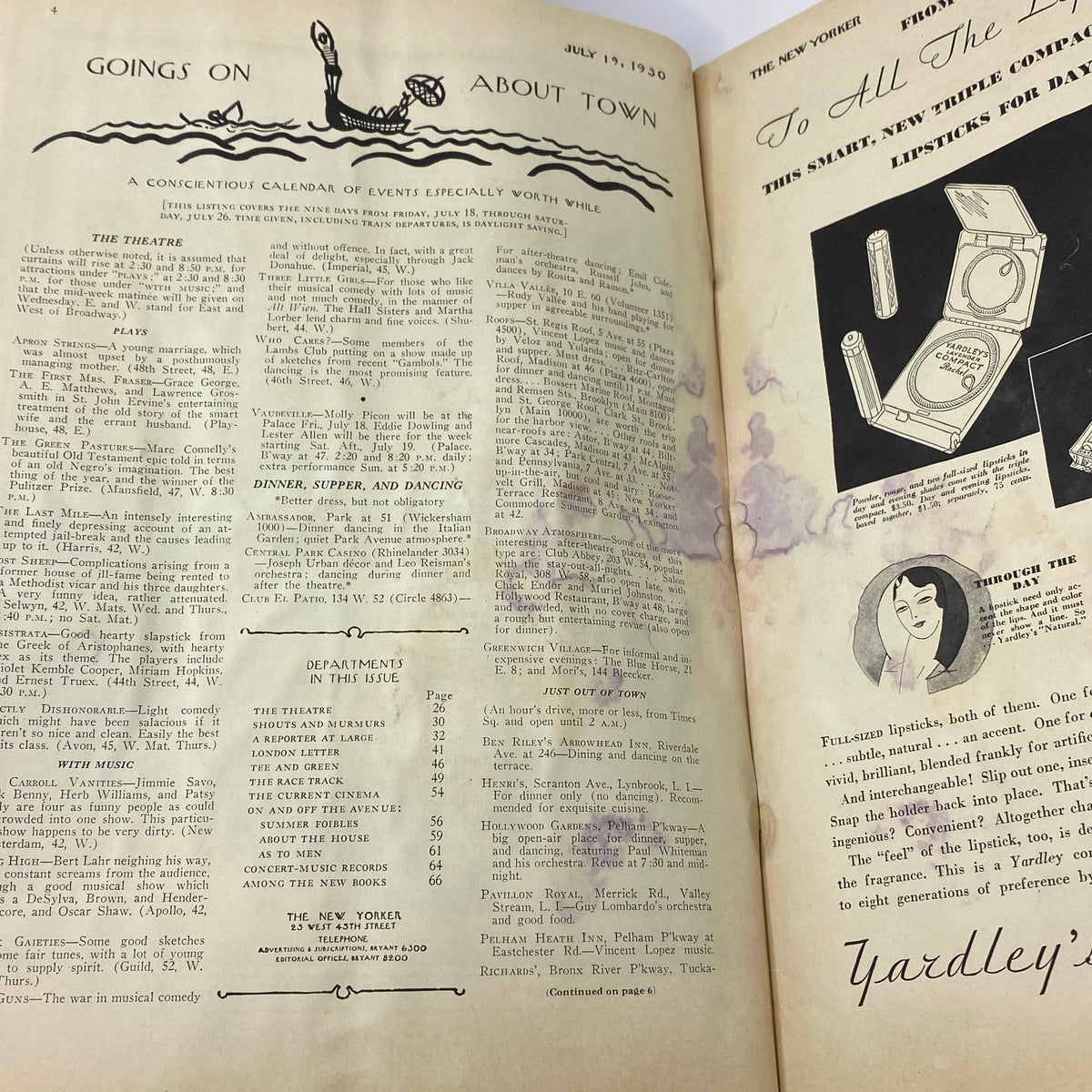 Inside page from The New Yorker Complete Magazine July 19, 1930 showing the calendar of events and advertisements.