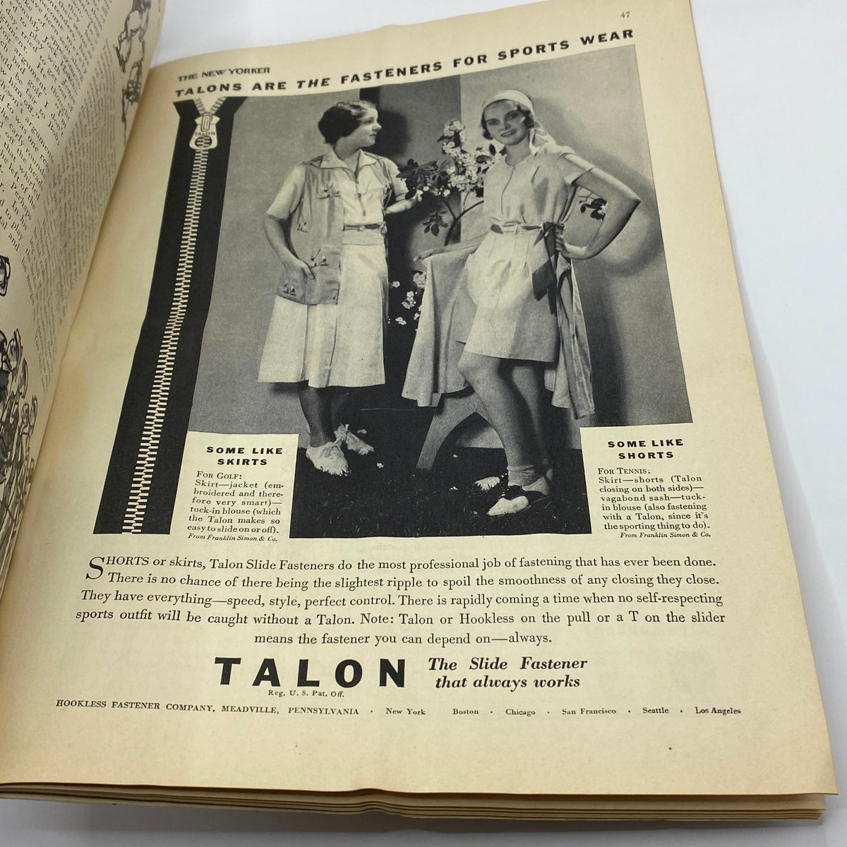 Page from The New Yorker Complete Magazine July 19, 1930 featuring an advertisement for Talon Slide Fasteners in a vintage style.