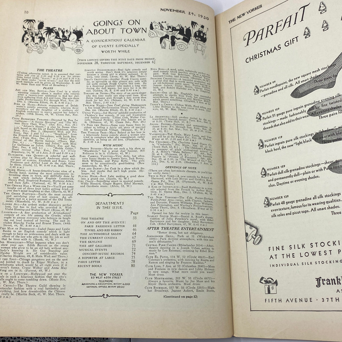 Inside page of The New Yorker Complete Magazine November 29, 1930 featuring the 'Goings On About Town' section with a calendar of events.
