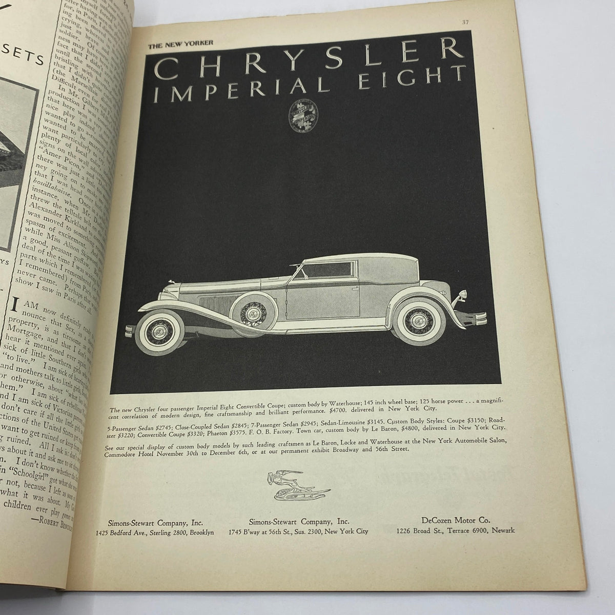 Advertisement for Chrysler Imperial Eight in The New Yorker Complete Magazine November 29, 1930 showcasing the luxurious car model.