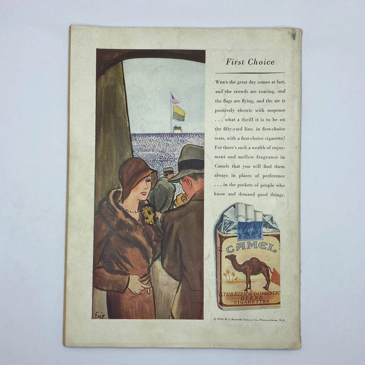 Back cover of The New Yorker Complete Magazine November 29, 1930 displaying a stylish illustration of a woman and a Camel cigarette advertisement.