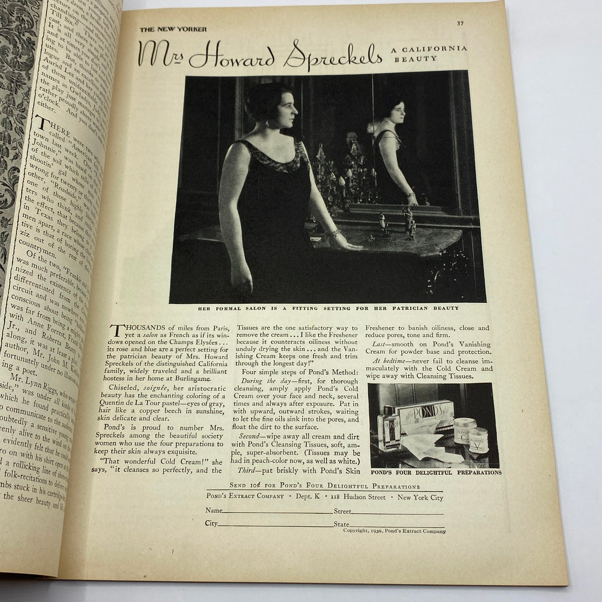 Interior page of The New Yorker Complete Magazine October 4, 1930 featuring an article about Mrs. Howard Spreckels, highlighting her beauty and fashion during the early 20th century.