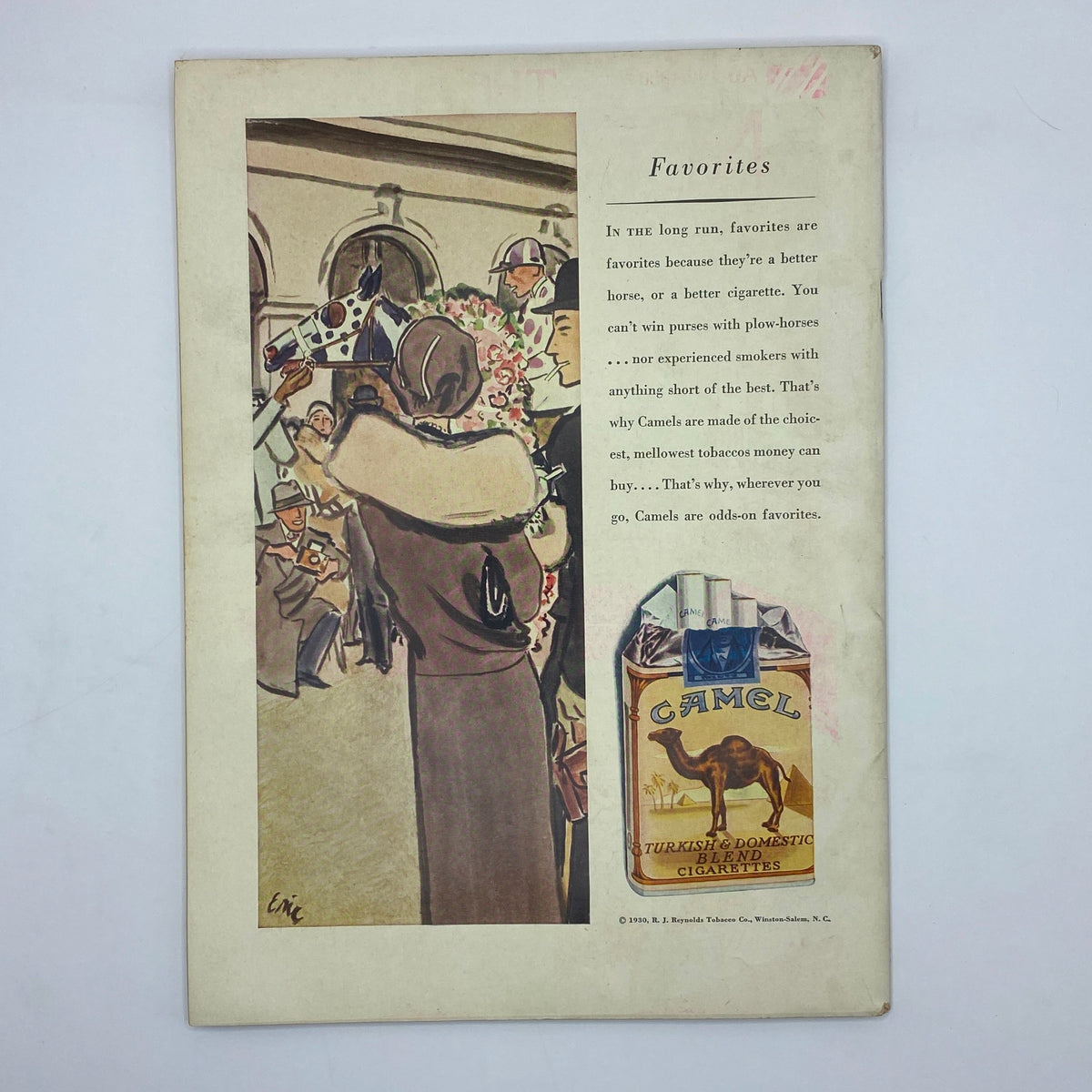 Back cover of The New Yorker Complete Magazine October 4, 1930 displaying an advertisement for Camel cigarettes featuring an elegantly dressed couple and promoting the brand's quality.