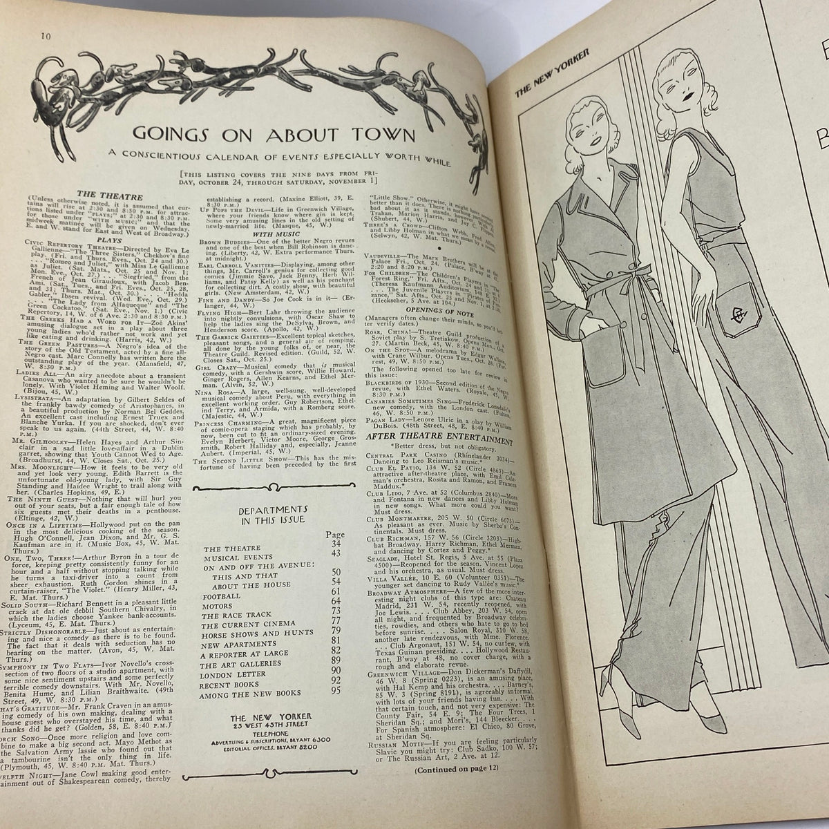 The New Yorker Complete Magazine October 25, 1930 Goings on About Town page featuring calendar of events and fashion illustrations.