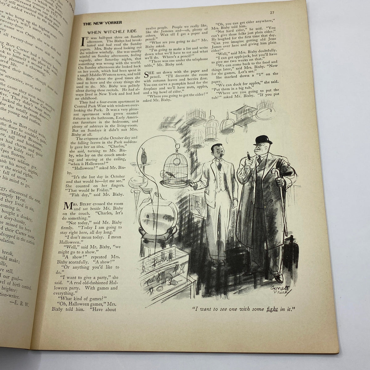 The New Yorker Complete Magazine October 25, 1930 page showcasing an illustrated story titled 'When Witches Ride' featuring a dialogue between characters.