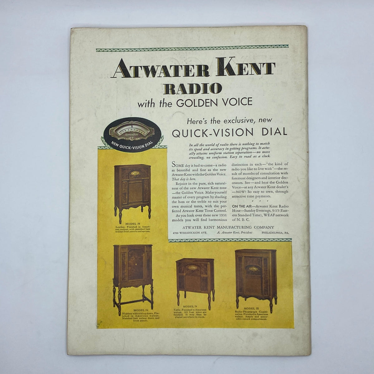 The New Yorker Complete Magazine October 25, 1930 advertisement for Atwater Kent Radio highlighting the Quick-Vision Dial features.