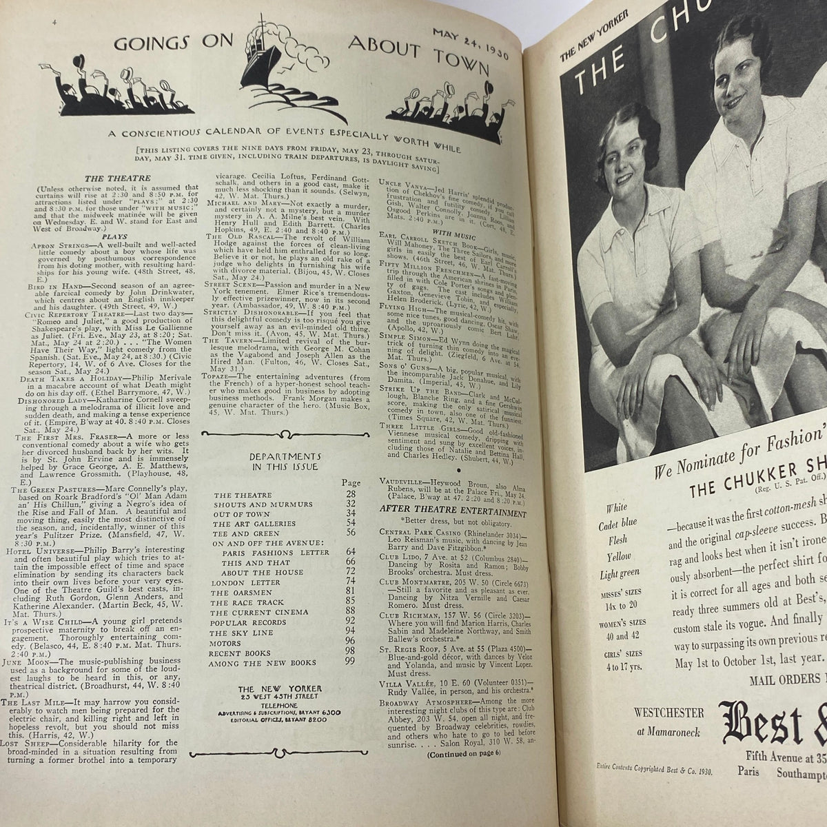 A page from The New Yorker Complete Magazine May 24, 1930 featuring the calendar of events section titled 'Goings On About Town', showcasing vintage typography and layout.