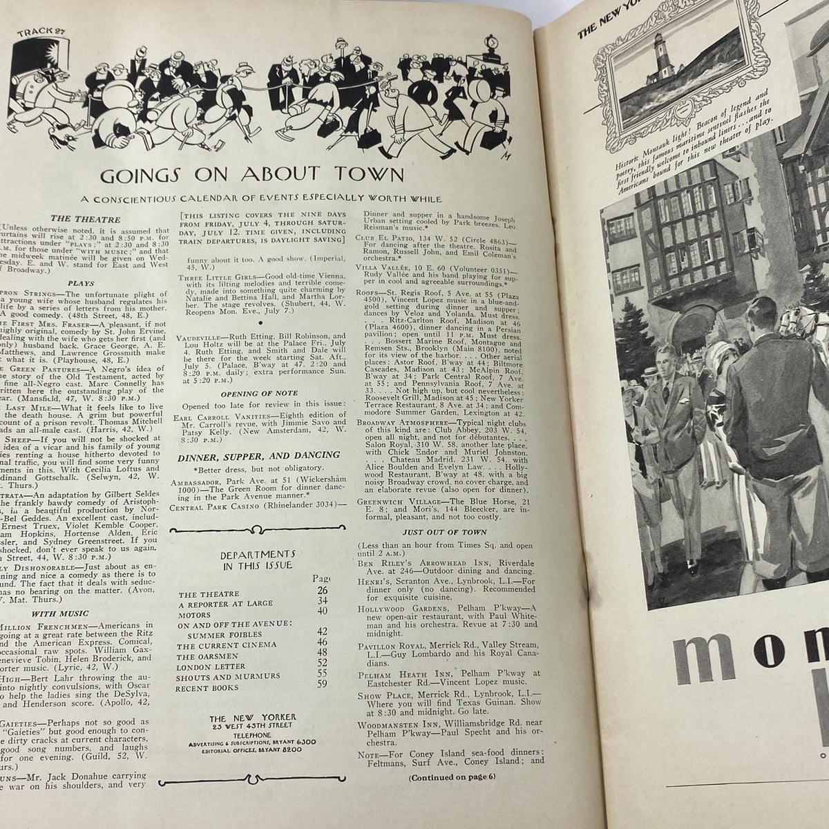 Interior page of The New Yorker Complete Magazine July 5, 1930 highlighting events and activities in New York City with engaging illustrations.