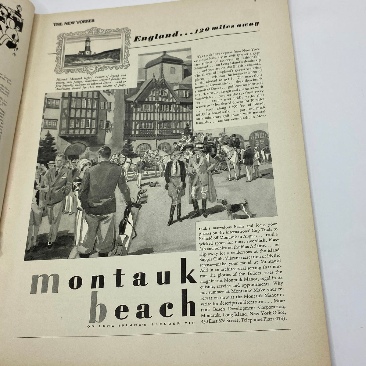 Advertised feature in The New Yorker Complete Magazine July 5, 1930 discussing Montauk Beach and its attractions in a vintage style.