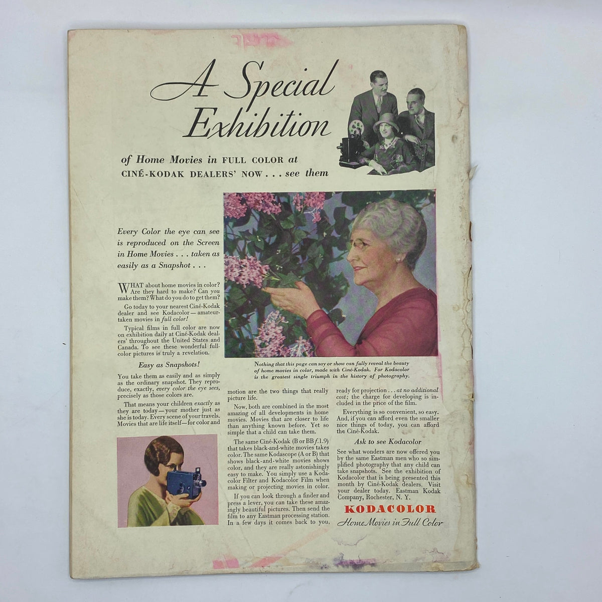 Back cover of The New Yorker Complete Magazine July 5, 1930 promoting a special Kodak exhibition, featuring home movies in color.
