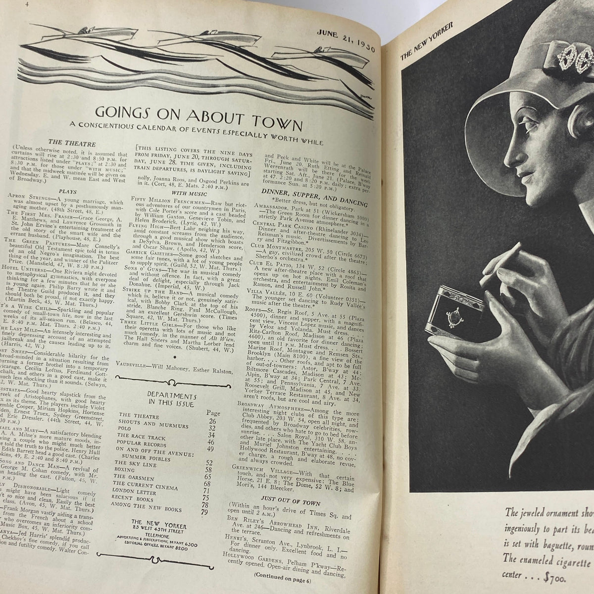 Inside page of The New Yorker Complete Magazine June 21, 1930 featuring a calendar of events and articles related to theatre and dining.