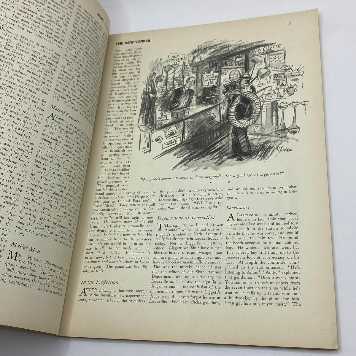 Illustration from The New Yorker Complete Magazine June 21, 1930 depicting a humorous scene at a cigarette shop with characters engaged in conversation.