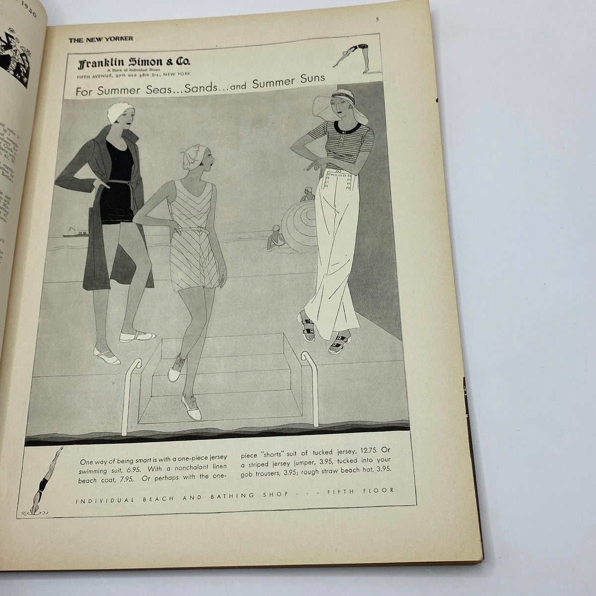 Advertisement page from The New Yorker magazine, June 14, 1930, showcasing summer fashion options including bathing suits and beach attire with elegant illustrations.