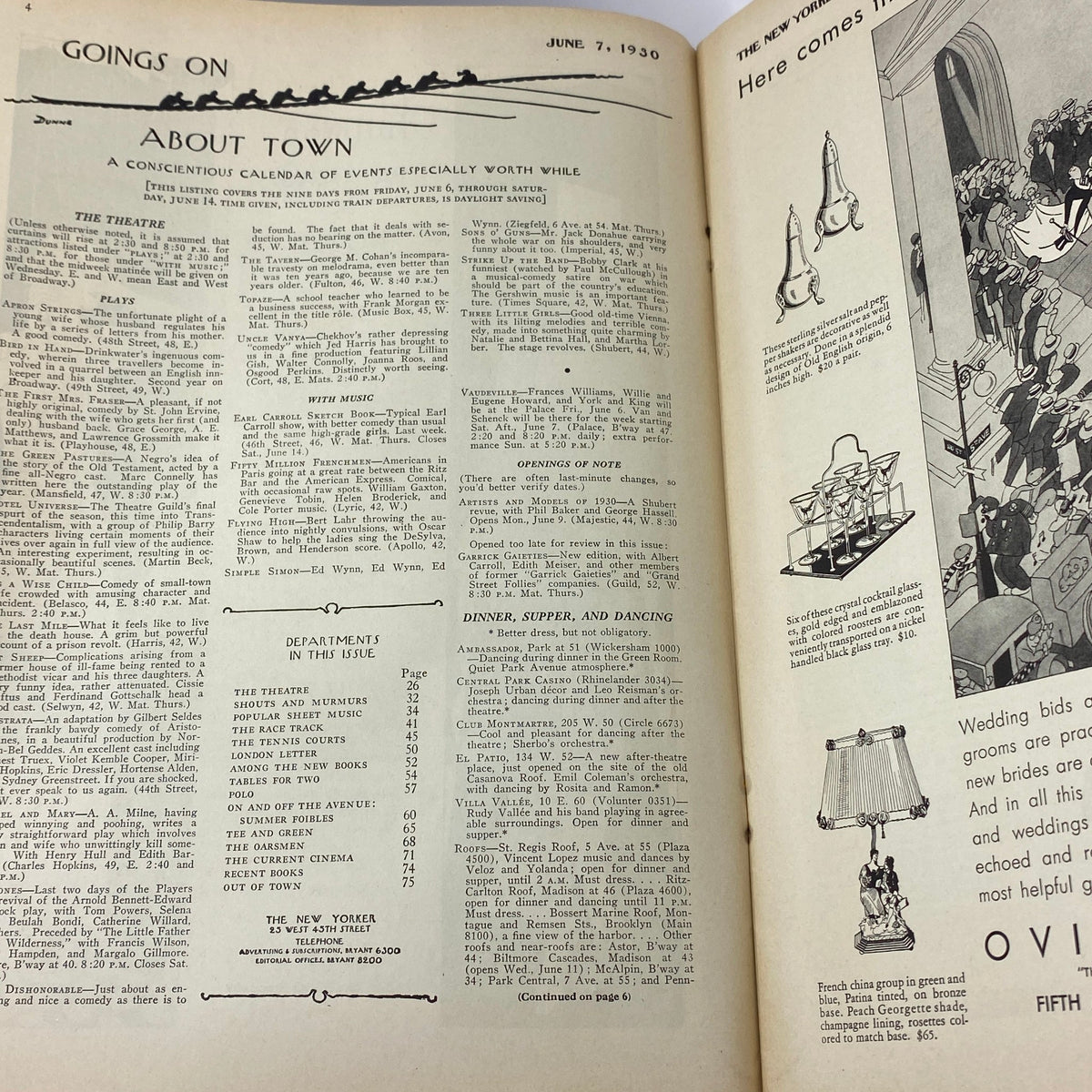 Interior page from The New Yorker Complete Magazine June 7, 1930 showcasing the 'About Town' section, including listings of events and advertisements, from the vintage publication with a cover by Constantin Alajalov.