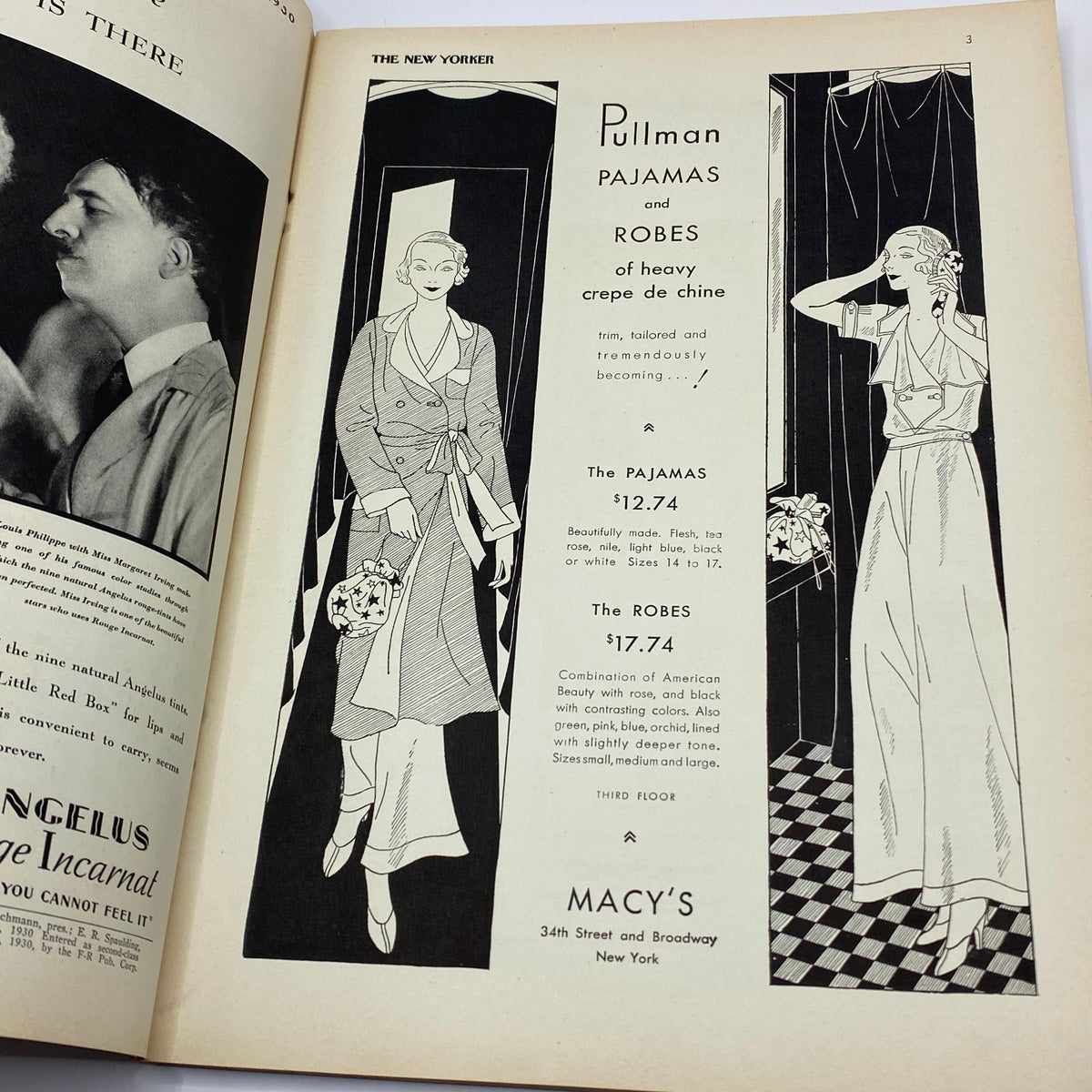 Interior page featuring vintage advertisement for Pullman pajamas and robes from The New Yorker Complete Magazine June 7, 1930, showcasing elegant fashion illustrations.