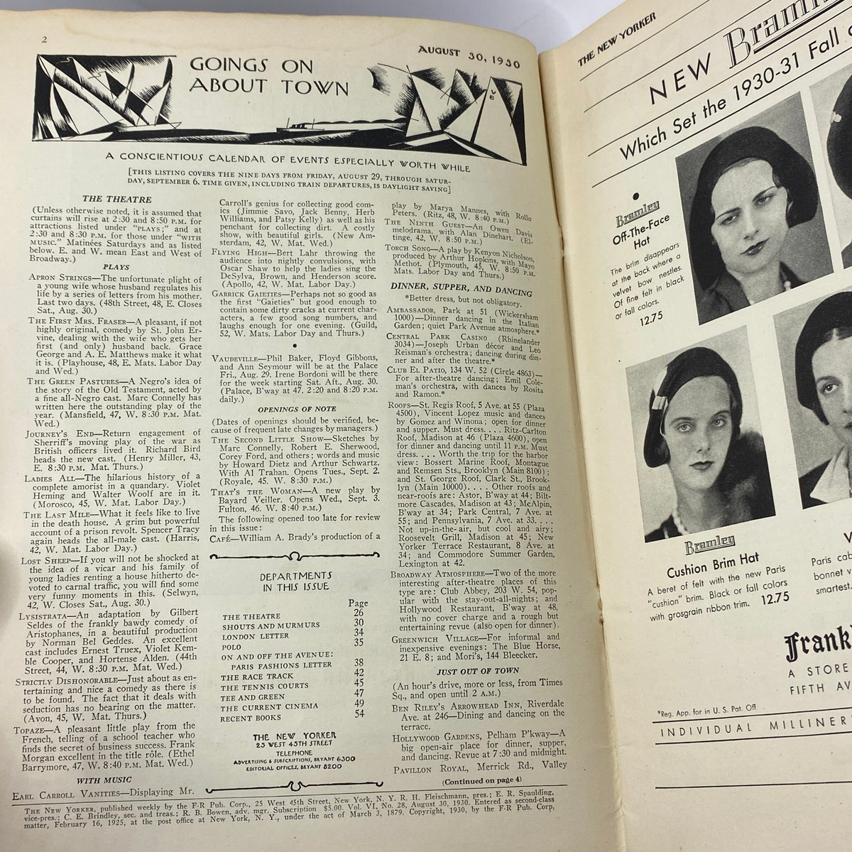 Interior pages of The New Yorker Complete Magazine August 30, 1930 featuring a calendar of events titled 'Goings On About Town' and a section on theater listings.