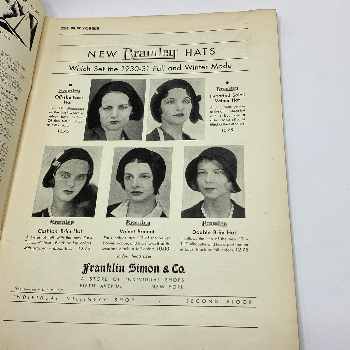 Advertisement page in The New Yorker Complete Magazine August 30, 1930 showcasing 'Bramley Hats', featuring various stylish hats for women, highlighting the Fall and Winter mode.