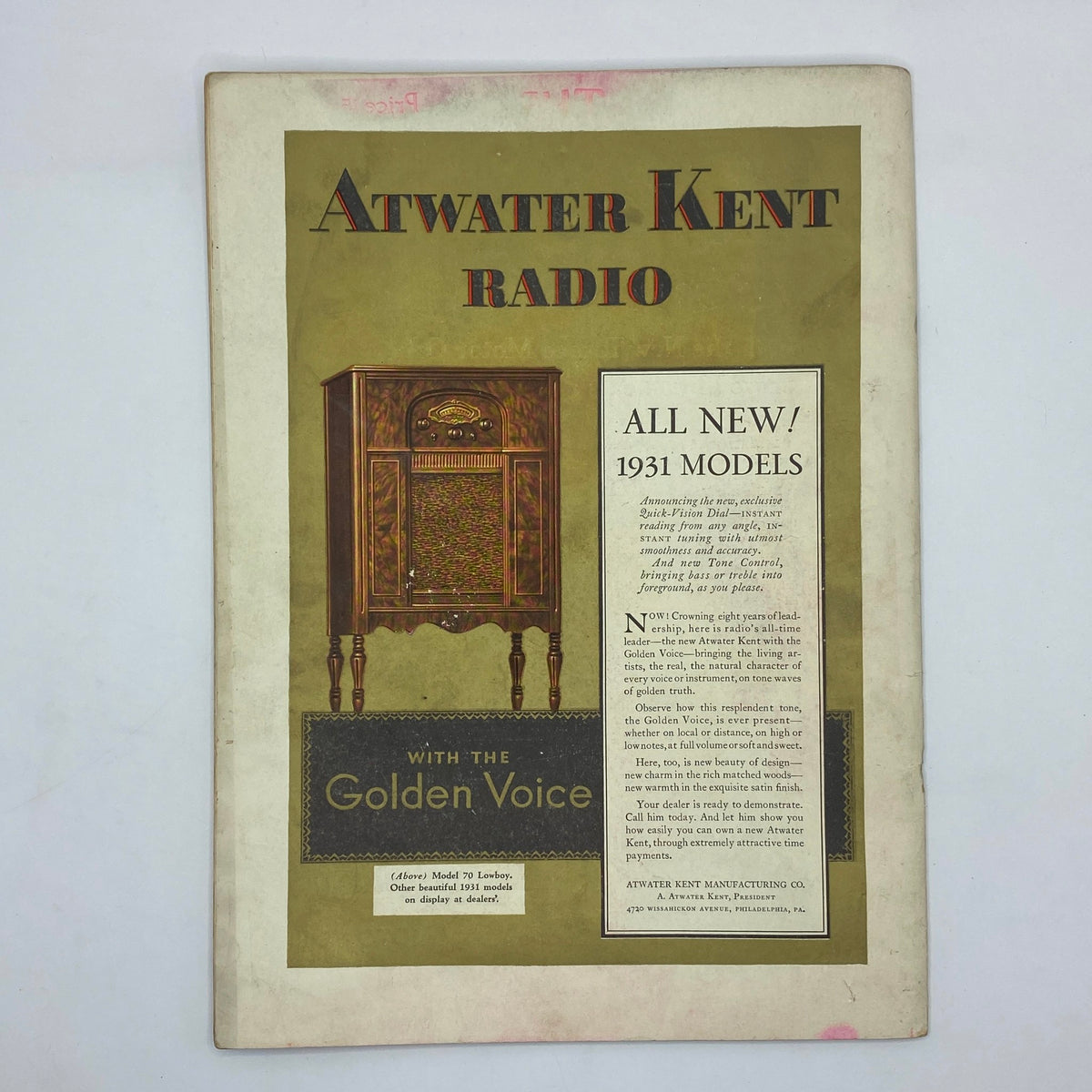 Advertisement for 'Atwater Kent Radio' in The New Yorker Complete Magazine August 30, 1930, presenting their all-new 1931 models with a focus on the 'Golden Voice' feature.