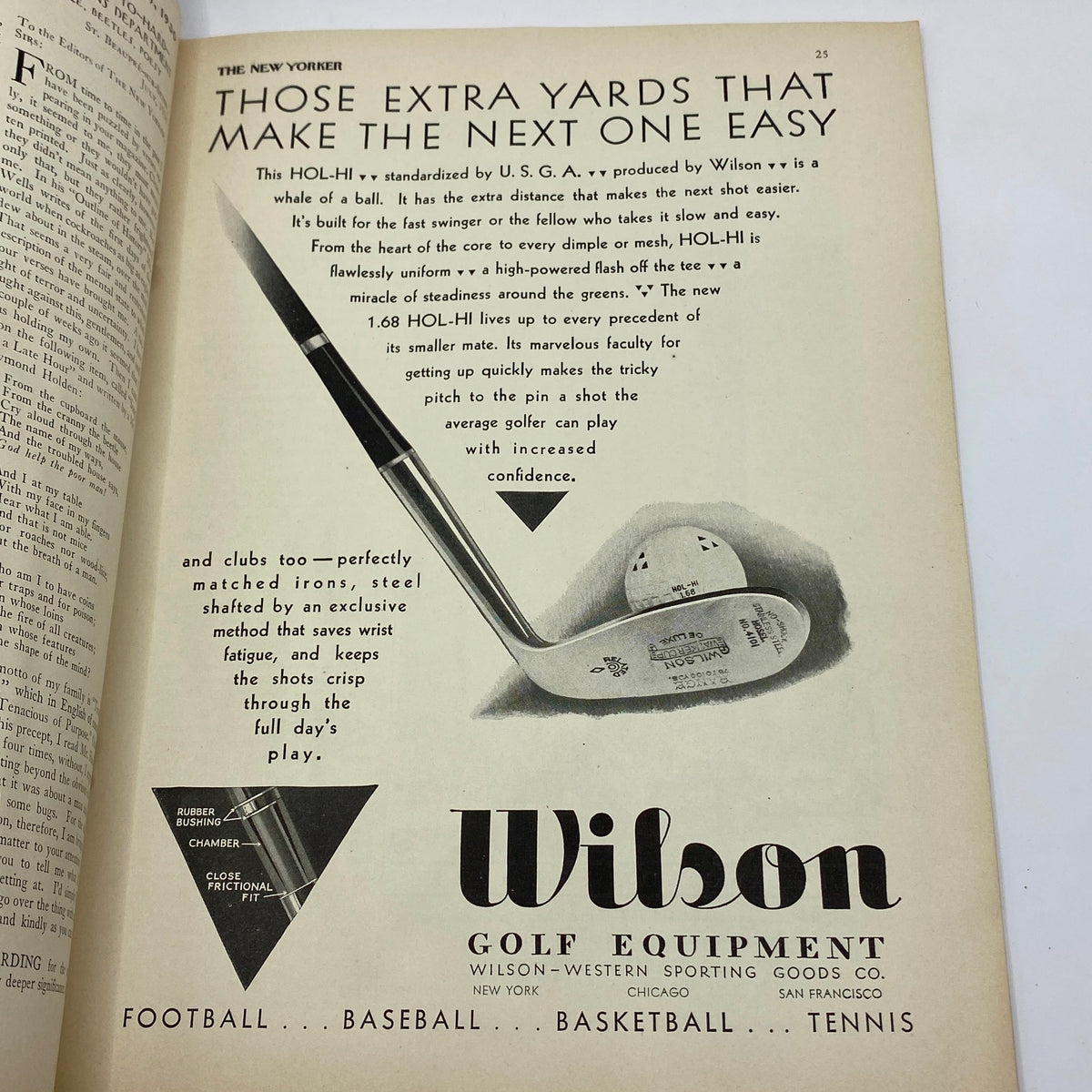 Advertisement for Wilson Golf Equipment from The New Yorker Complete Magazine August 9, 1930, highlighting features of HOL-HI balls and irons.