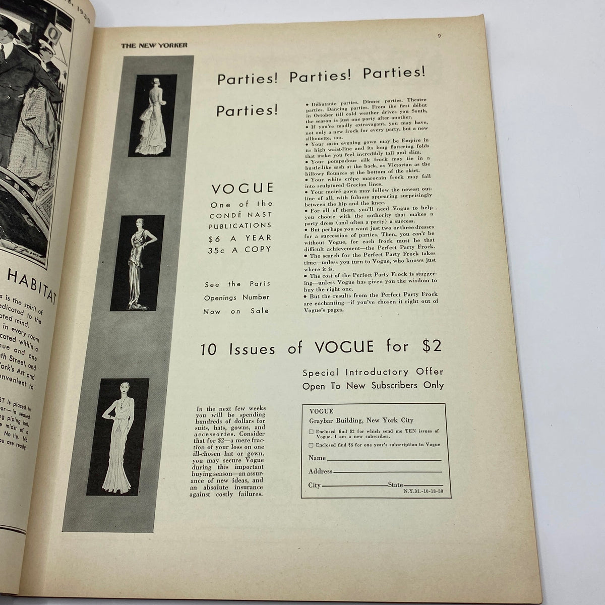 Interior advertisement page in The New Yorker Complete Magazine October 18, 1930 promoting Vogue magazine subscriptions.