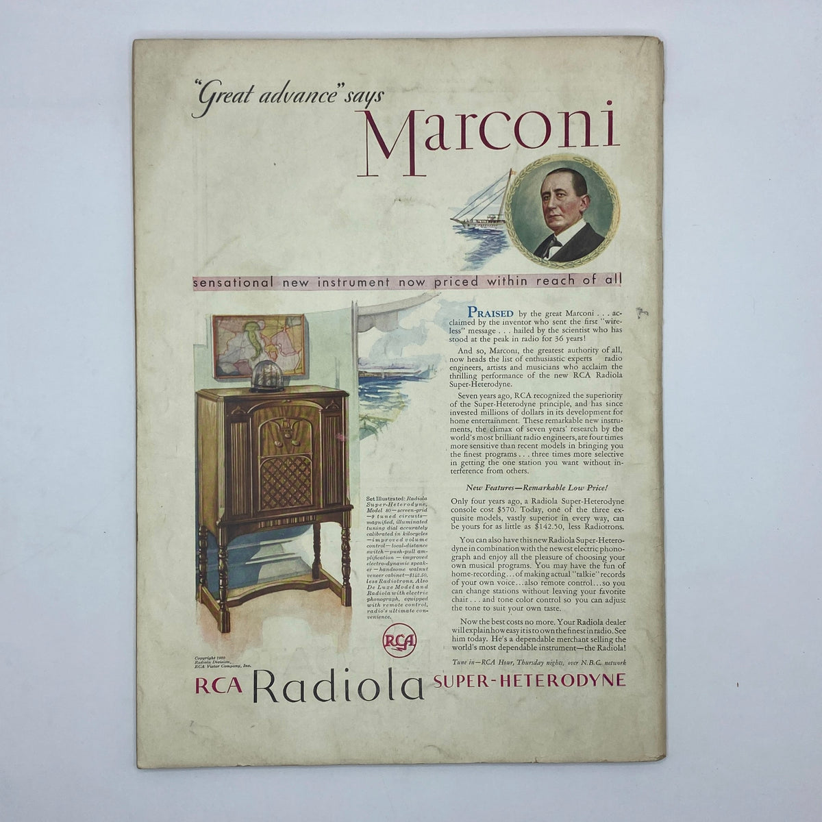 Vintage advertisement from The New Yorker Complete Magazine October 18, 1930 for RCA Radiola Super-Heterodyne radio.