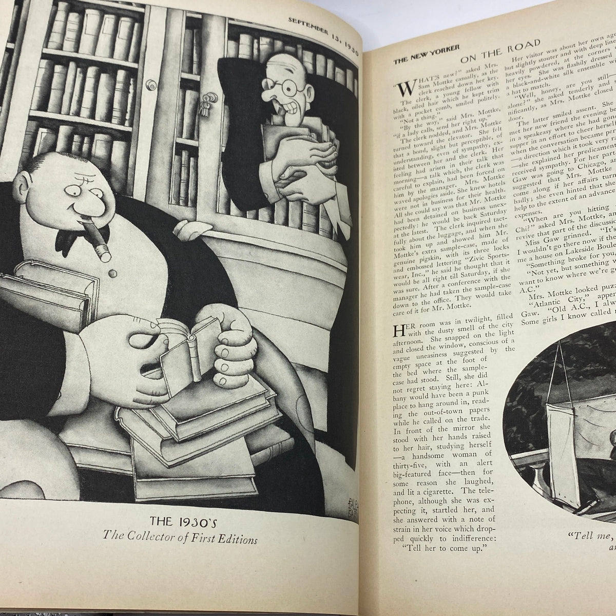 Interior page of The New Yorker Complete Magazine September 13, 1930, featuring a humorous illustration of book collectors titled 'The 1930's'.