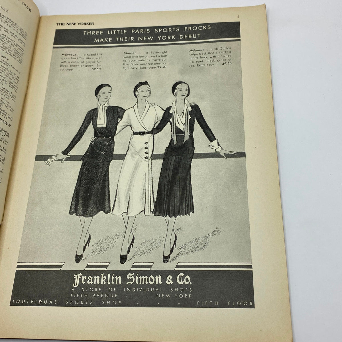Vintage advertisement featuring three stylish women in fashion dresses for Franklin Simon & Co, showcased in The New Yorker Complete Magazine November 1, 1930.