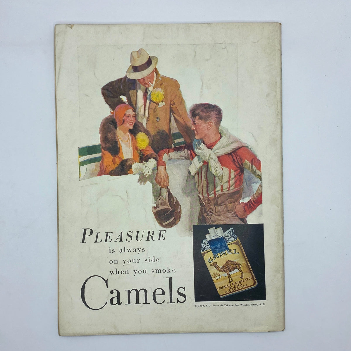Colorful vintage advertisement for Camels cigarettes, depicting fashionable men and women, from The New Yorker Complete Magazine November 1, 1930.