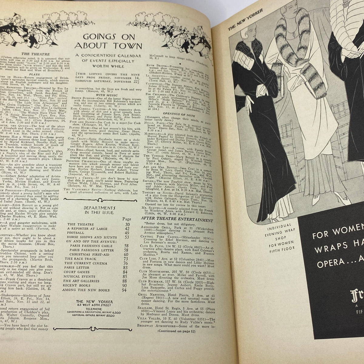 Interior page of The New Yorker Complete Magazine November 15, 1930, featuring calendar of cultural events and departments in vintage typography.