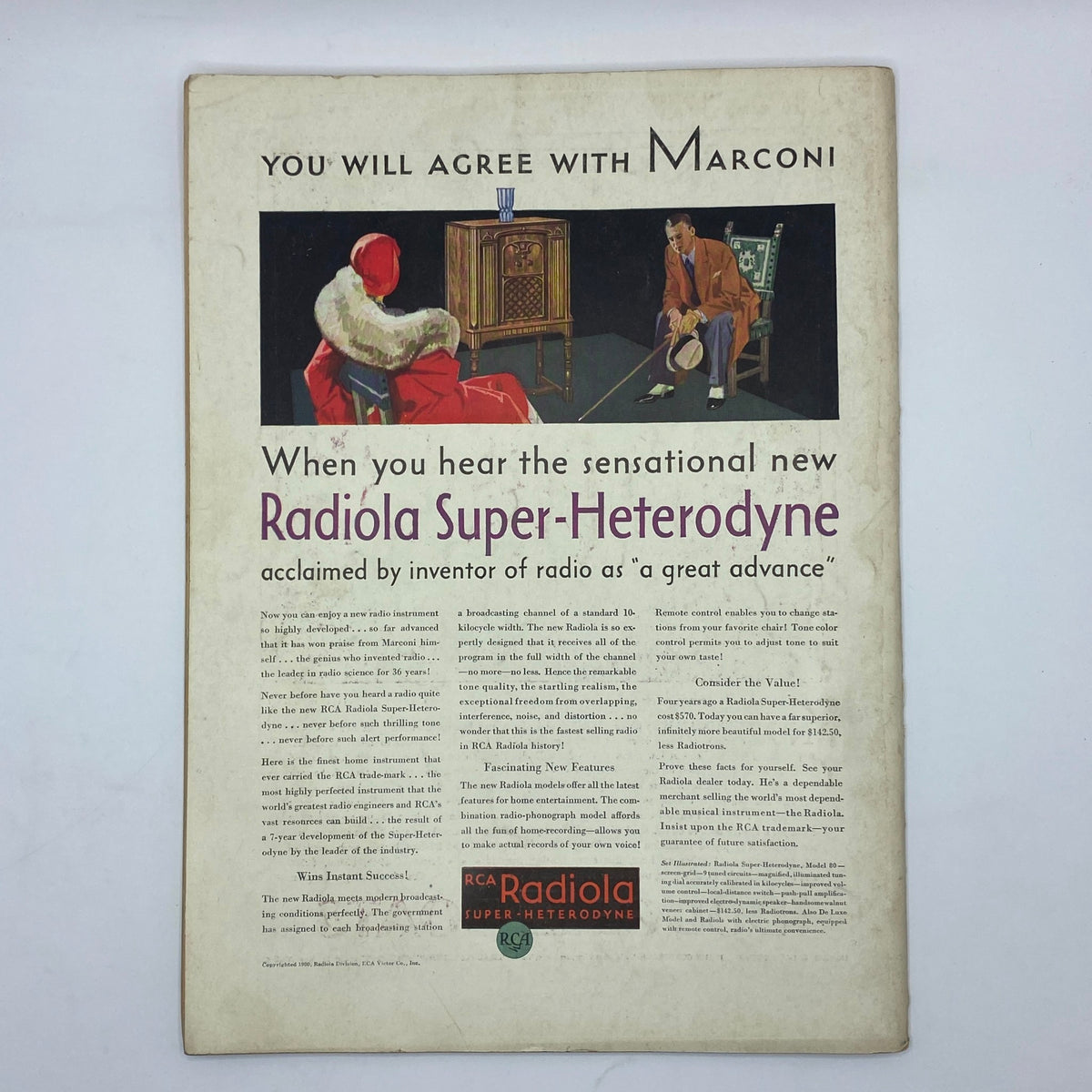 Advert from The New Yorker Complete Magazine November 15, 1930, promoting the Radiola Super-Heterodyne radio with vintage artwork and marketing text.
