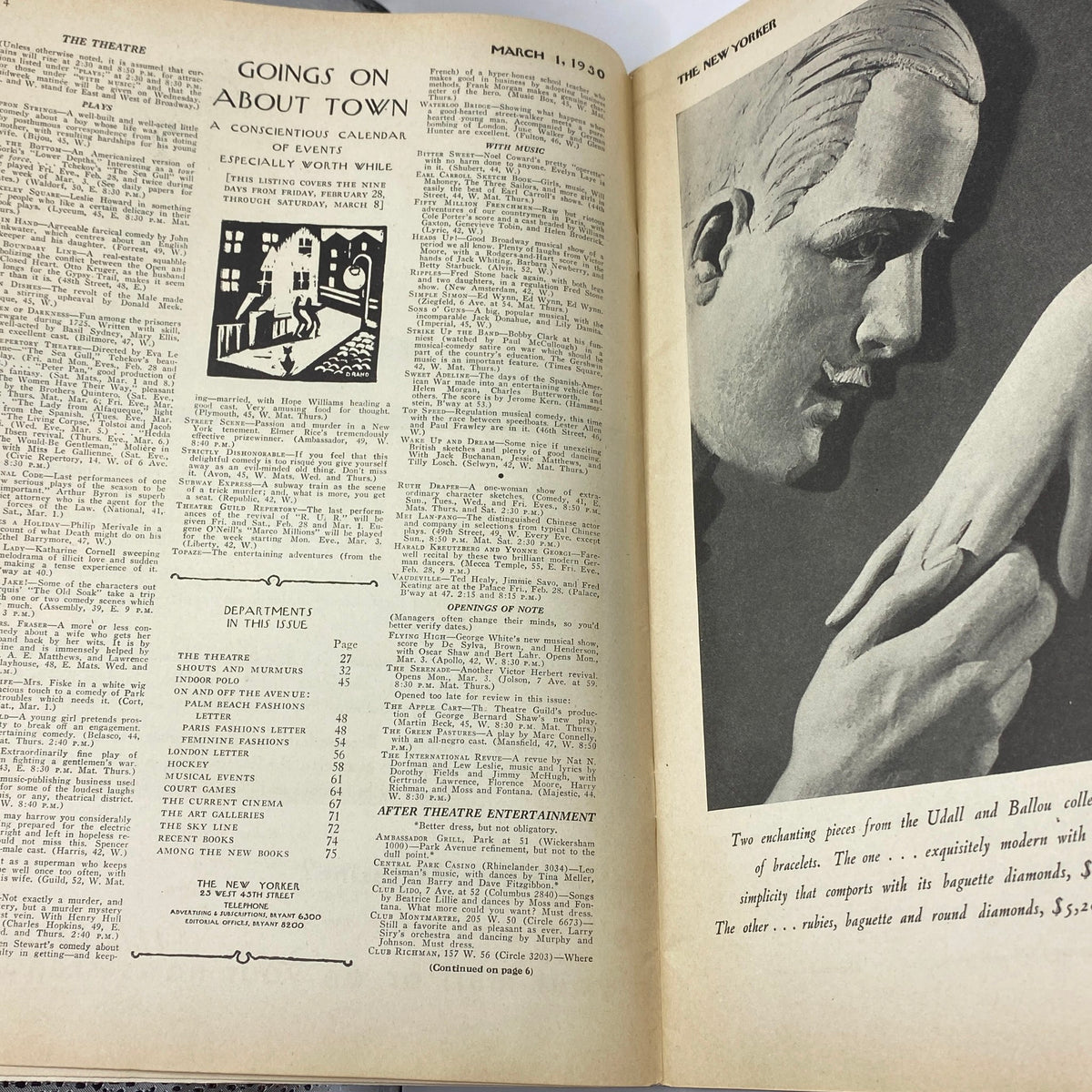Interior page from The New Yorker magazine dated March 1, 1930, featuring a calendar of events titled 'Goings On About Town' and an artistic image from the publication. The magazine is in very good condition, showcasing notable historical content.