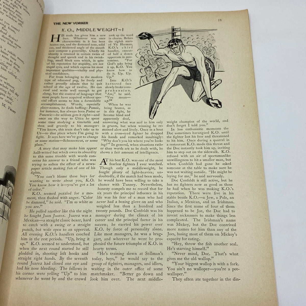 Illustration from The New Yorker Complete Magazine March 1, 1930 showcasing an engaging boxing scene with a character named K.O. in the ring.