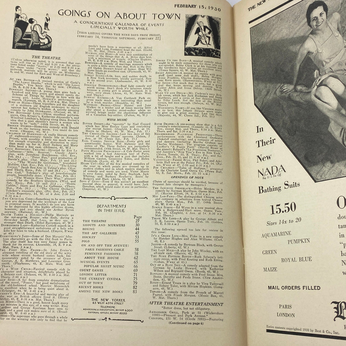 Interior page from The New Yorker magazine, February 15, 1930, showcasing the events calendar and theatrical listings. This page highlights the magazine's cultural significance.