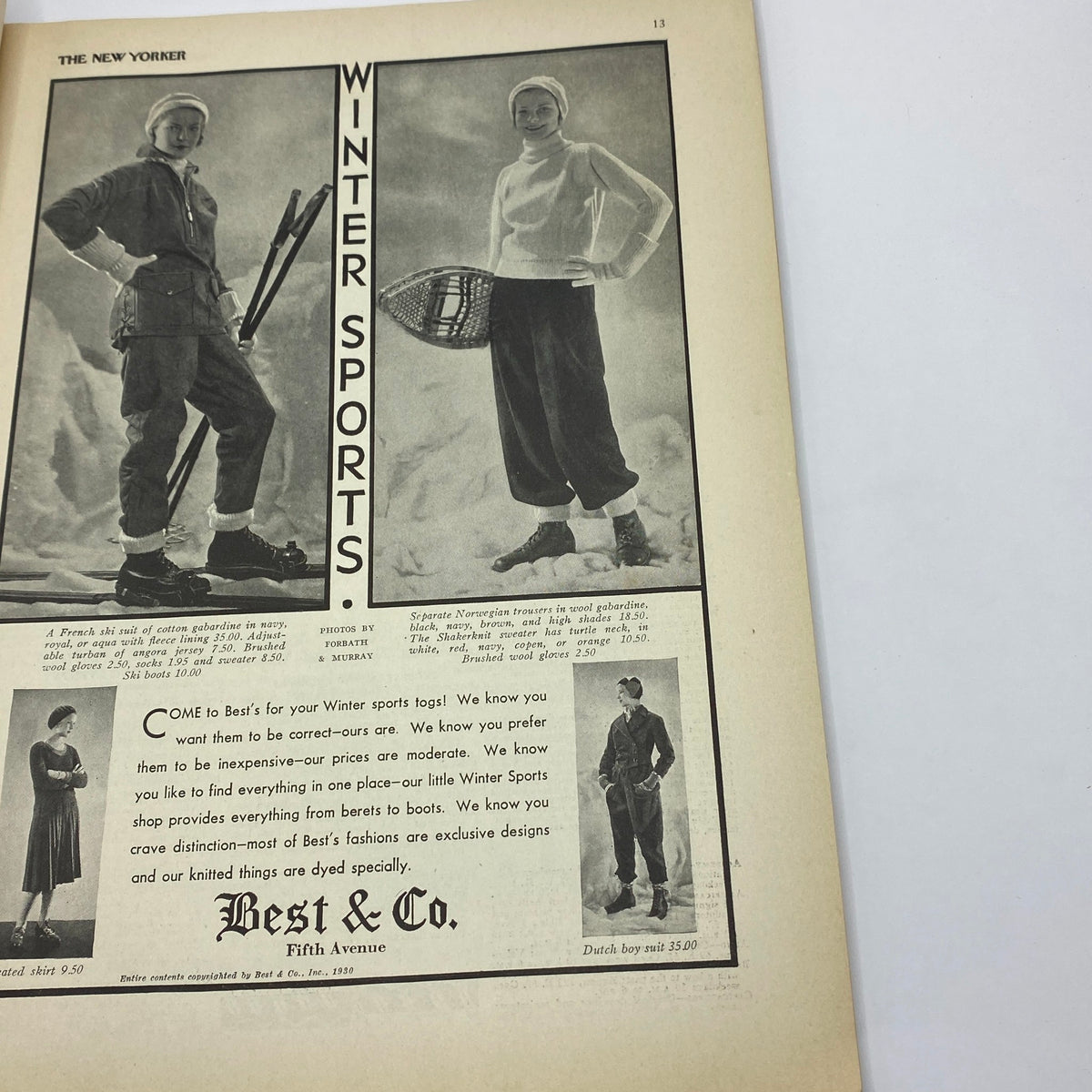 Page from The New Yorker magazine, December 6, 1930, featuring a fashion advertisement titled 'Winter Sports.' The page showcases two models in winter attire, highlighting trends from that era.