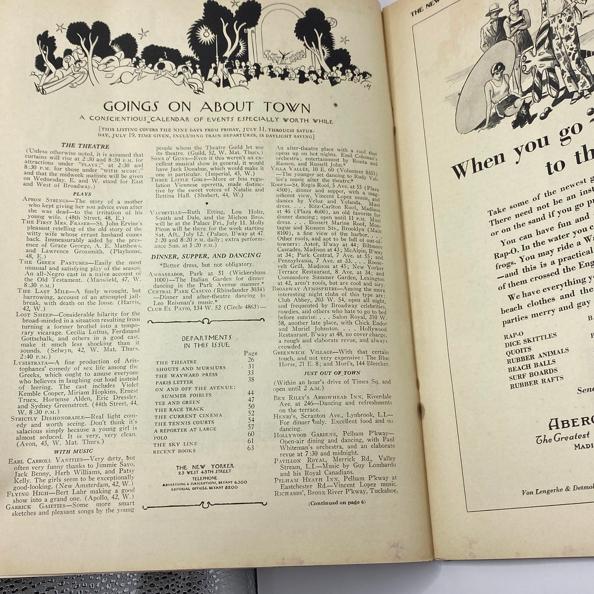 Interior page of The New Yorker magazine from July 12, 1930, featuring the calendar of events with illustrations and listings, part of the historic issue with Constantin Alajalov's cover.