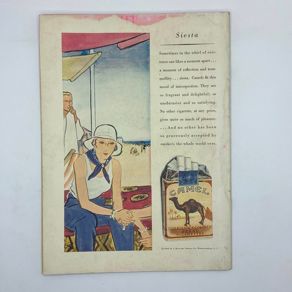 Back cover of The New Yorker magazine July 12, 1930, featuring a colorful advertisement for Camel cigarettes, reflecting the lifestyle and culture of the era.
