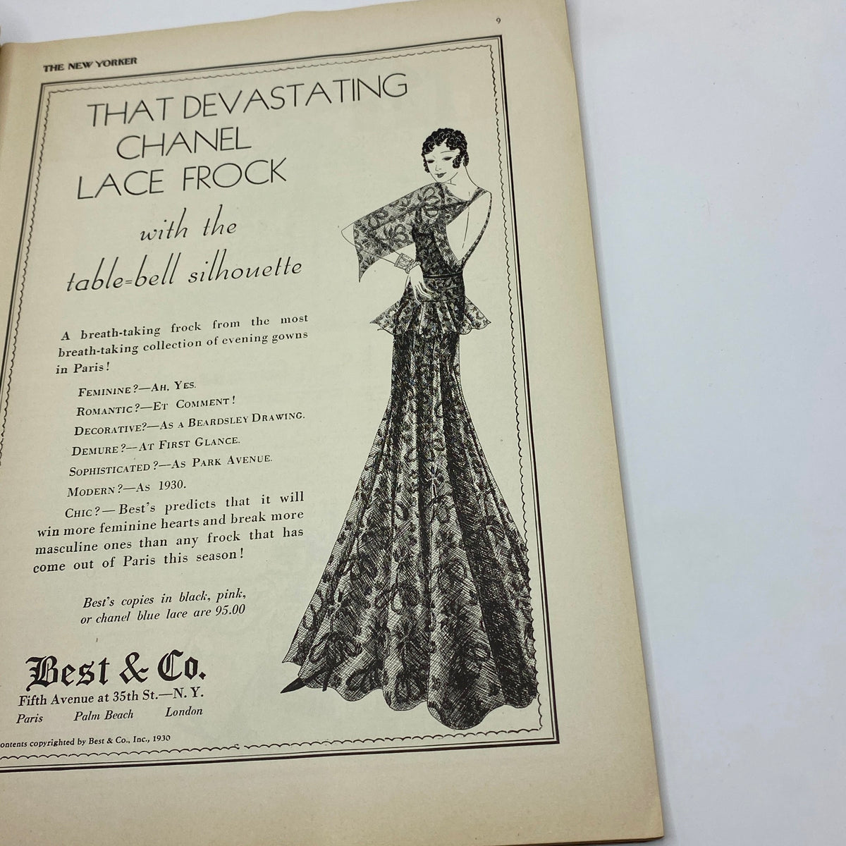 Fashion advertisement featuring a stunning Chanel lace frock with a table-bell silhouette from The New Yorker April 12, 1930 issue.