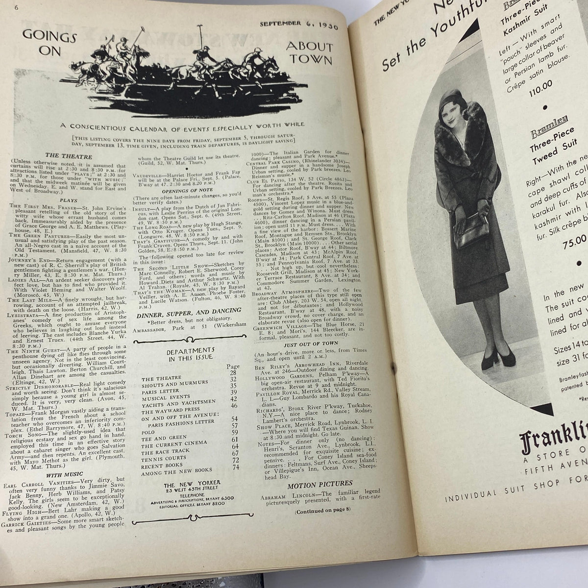 Inside view of The New Yorker Complete Magazine from September 6, 1930, featuring event listings and advertisements reflecting the culture and style of that era.