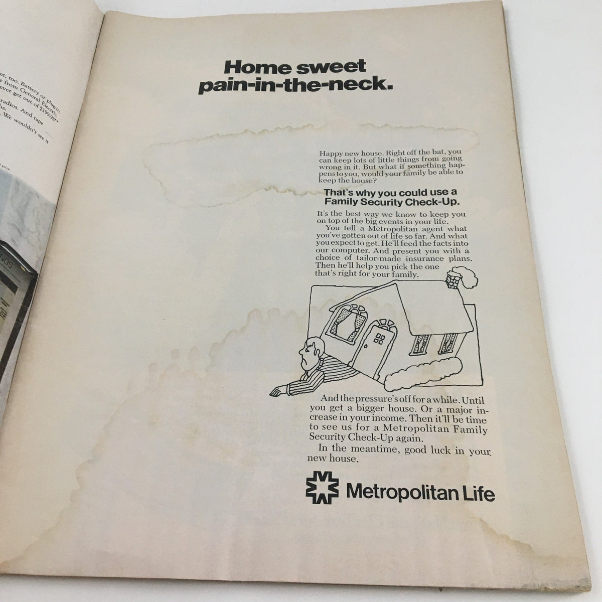 Interior page of Newsweek Magazine July 21 1969 featuring an advertisement for Metropolitan Life Insurance with a focus on family security. This magazine chronicles Apollo 11 Commander Neil Armstrong's moon landing adventure.