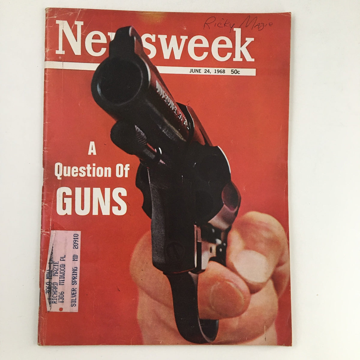 Cover of Newsweek Magazine from June 24, 1968, featuring a revolver with the headline 'A Question of Guns.' The magazine explores cultural and political discussions of the era.
