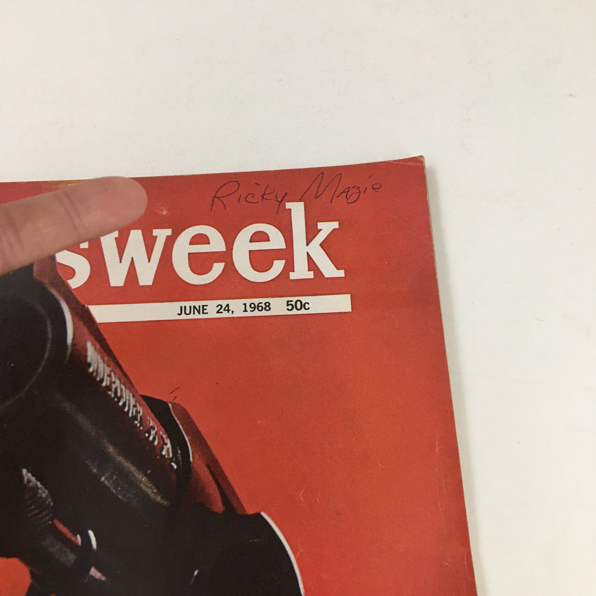 Cover of Newsweek Magazine from June 24, 1968, featuring a gun image and handwritten note. The magazine titled 'Newsweek' discusses 'A Question of Guns and How To Use Them'.