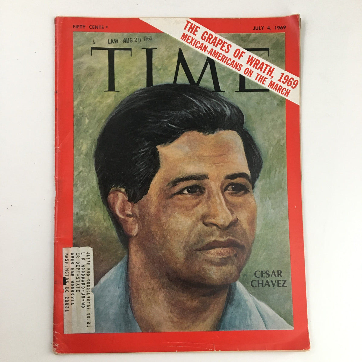 Time Magazine July 4 1969 Vol. 94 No. 1 featuring civil rights activist Cesar Chavez on the cover, highlighting his significant impact on labor rights and social justice.