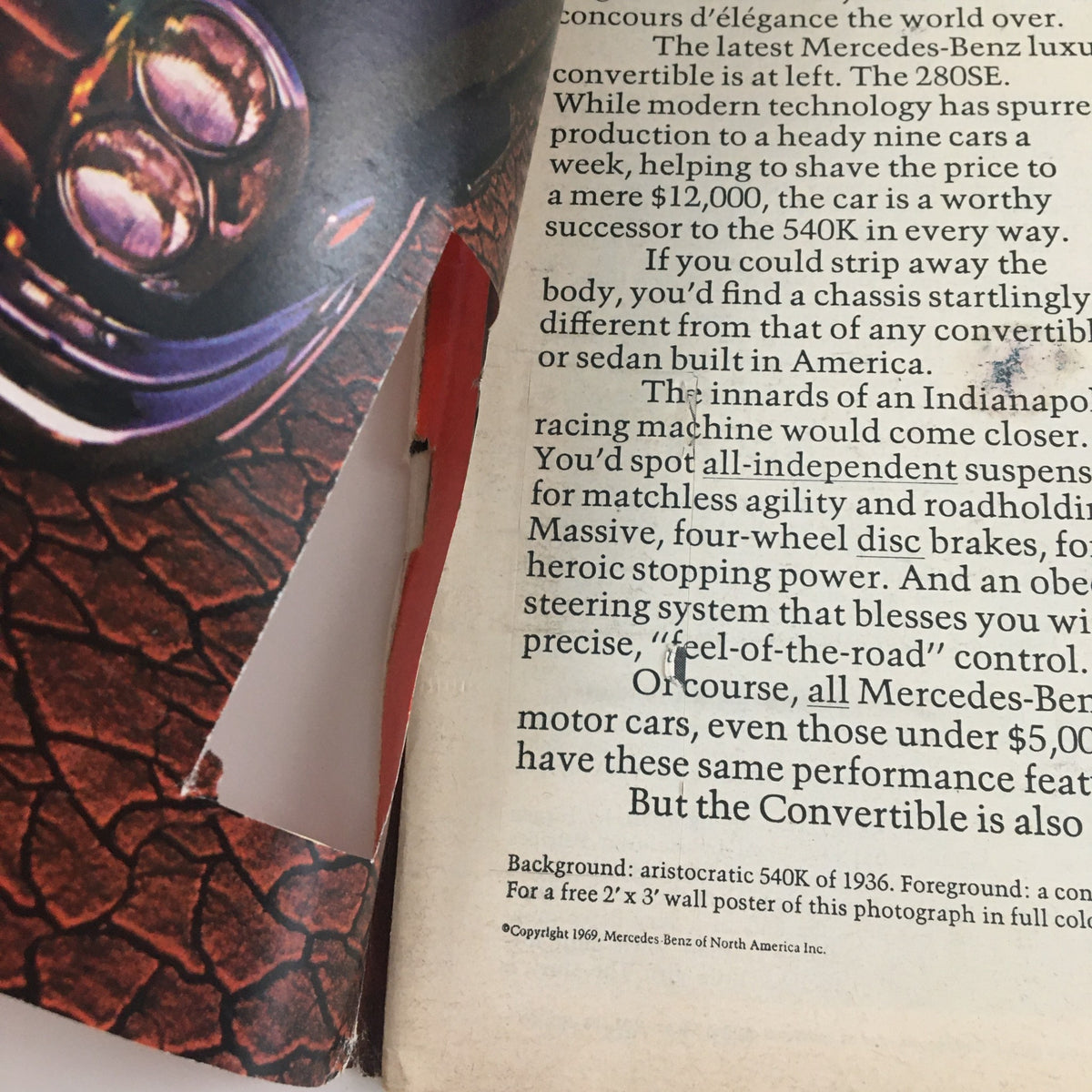 Inside view of Time Magazine June 13 1969, showcasing an advertisement for the Mercedes-Benz 280SE convertible, with historical commentary on car features and performance.