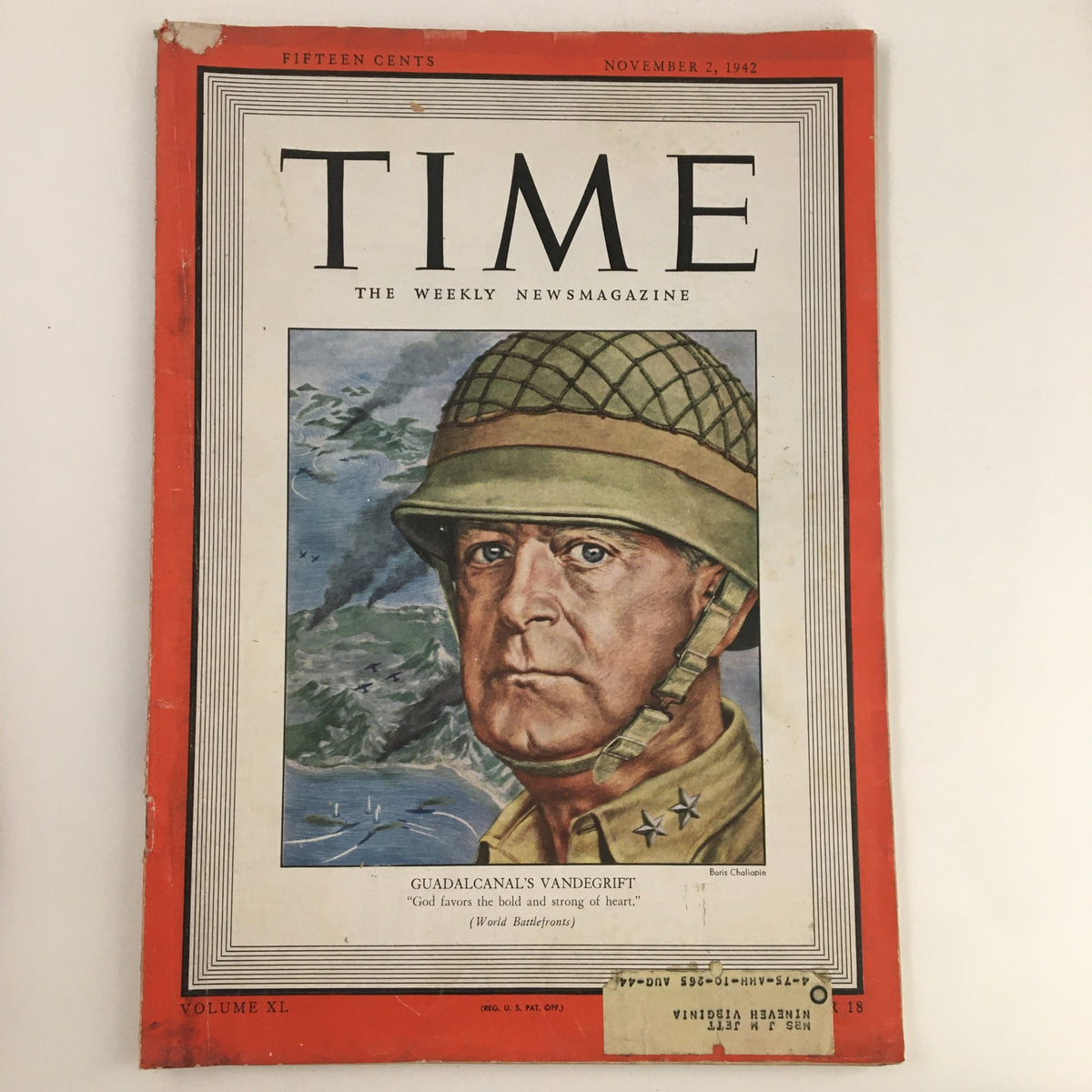 Time Magazine November 2 1942 Vol. 40 No. 18 Guadalcanal's Alexander Vandegrift