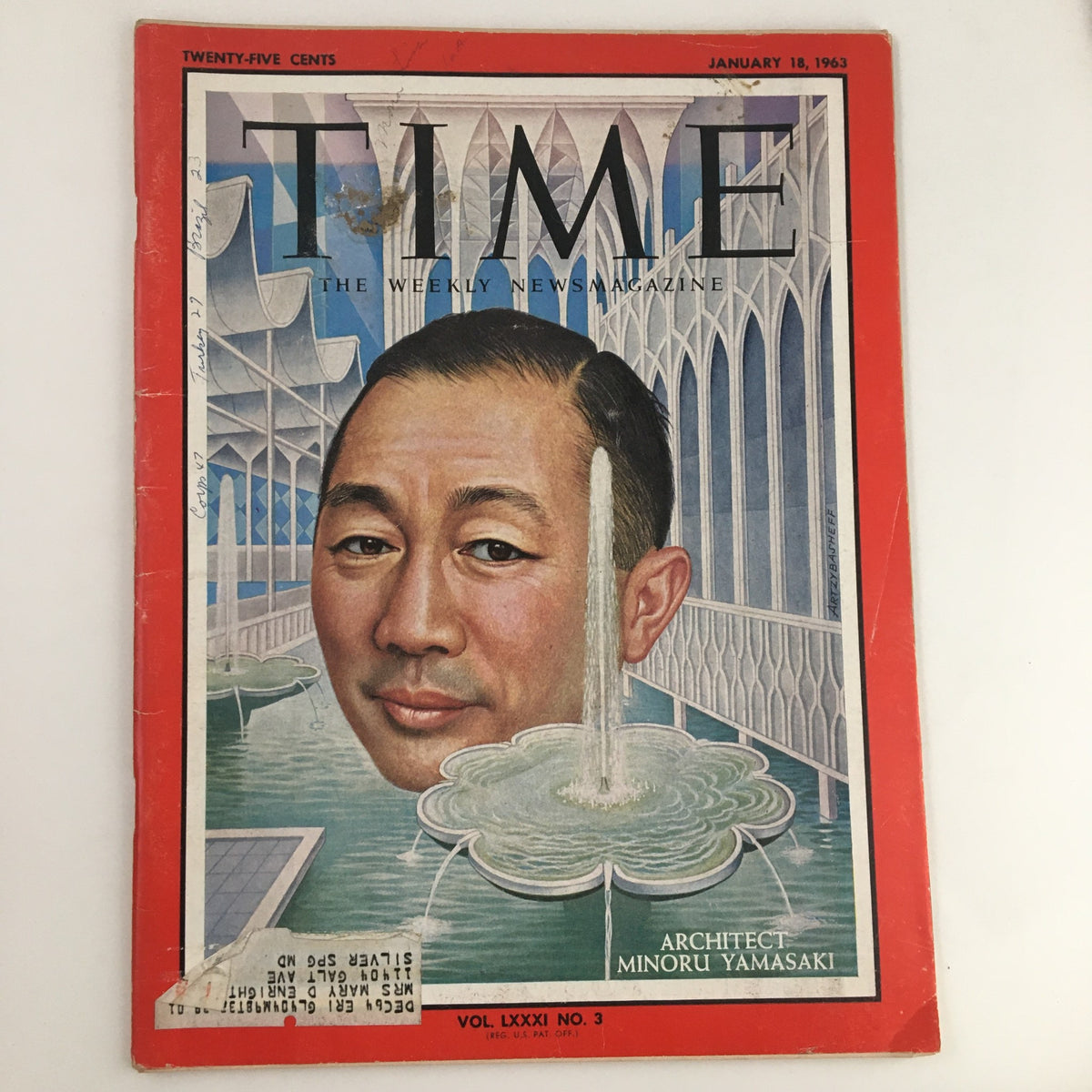 Cover of Time Magazine from January 18, 1963, featuring Architect Minoru Yamasaki. The magazine shows a detailed illustration of Yamasaki's portrait with a fountain, and includes significant text and notes.