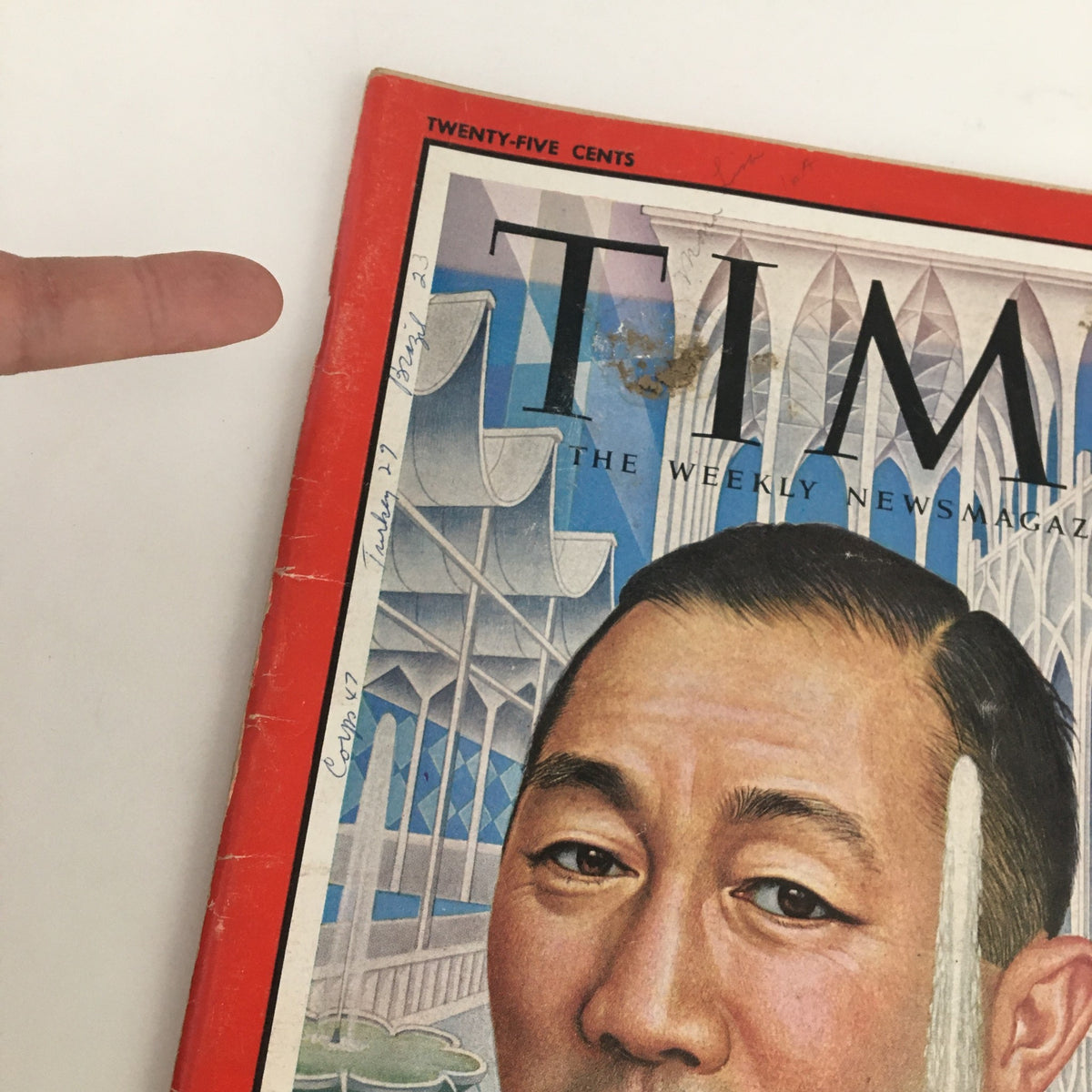 Close-up of the Time Magazine cover from January 18, 1963, highlighting Architect Minoru Yamasaki's artwork and additional handwritten notes on the magazine's edge.