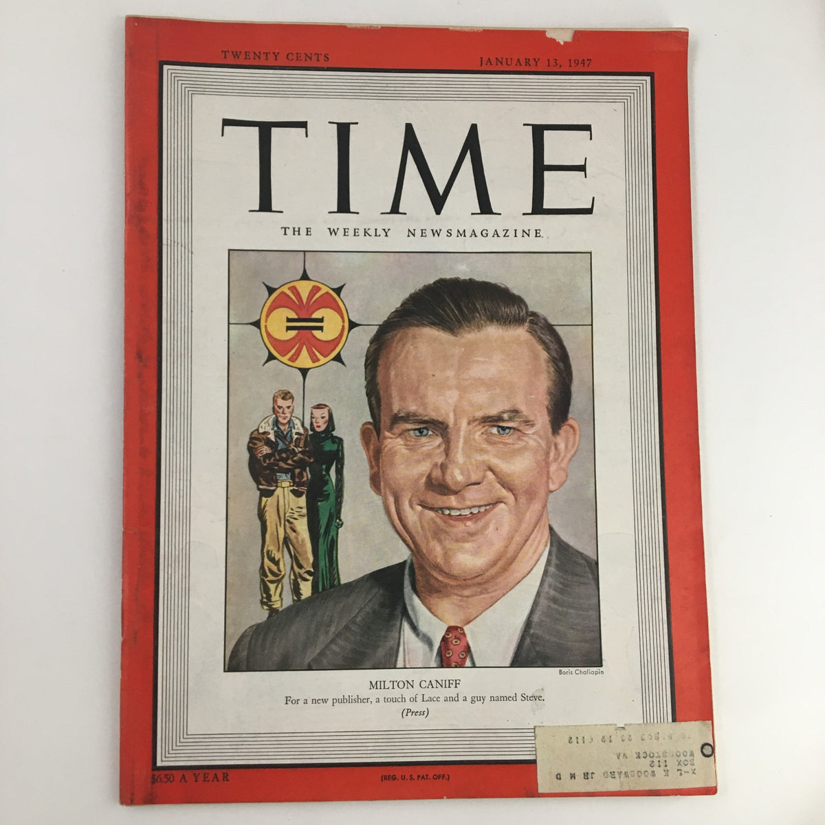 Cover of Time Magazine dated January 13, 1947, featuring American cartoonist Milton Caniff. The cover displays Caniff's portrait with an illustration behind him, highlighting his contributions to the comic strip world.
