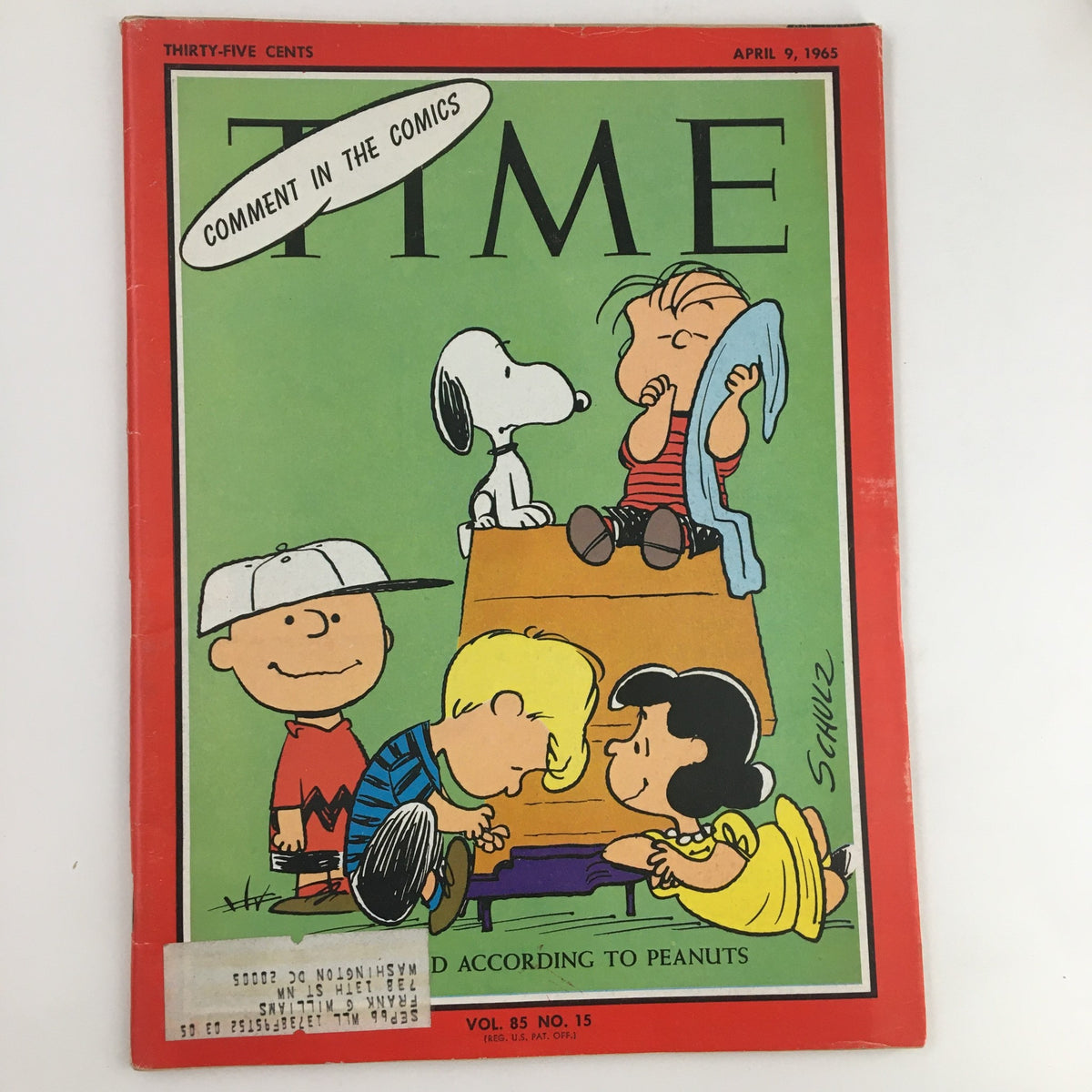 Cover of Time Magazine from April 9, 1965, featuring Charles M. Schulz's Snoopy & Friends, showcasing Peanuts characters in a playful scene with vibrant colors.
