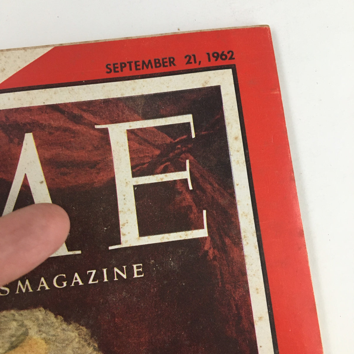 Close-up of the Time Magazine September 21 1962 publication date, emphasizing its historical context and connection to American political history.
