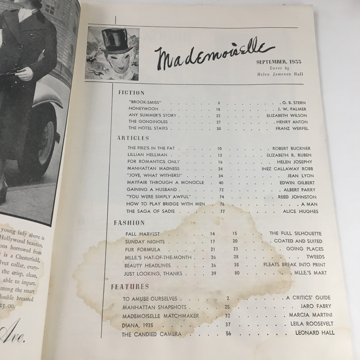 Table of contents from Mademoiselle Magazine September 1935 highlighting various articles and fashion features, illustrating the magazine's editorial focus.